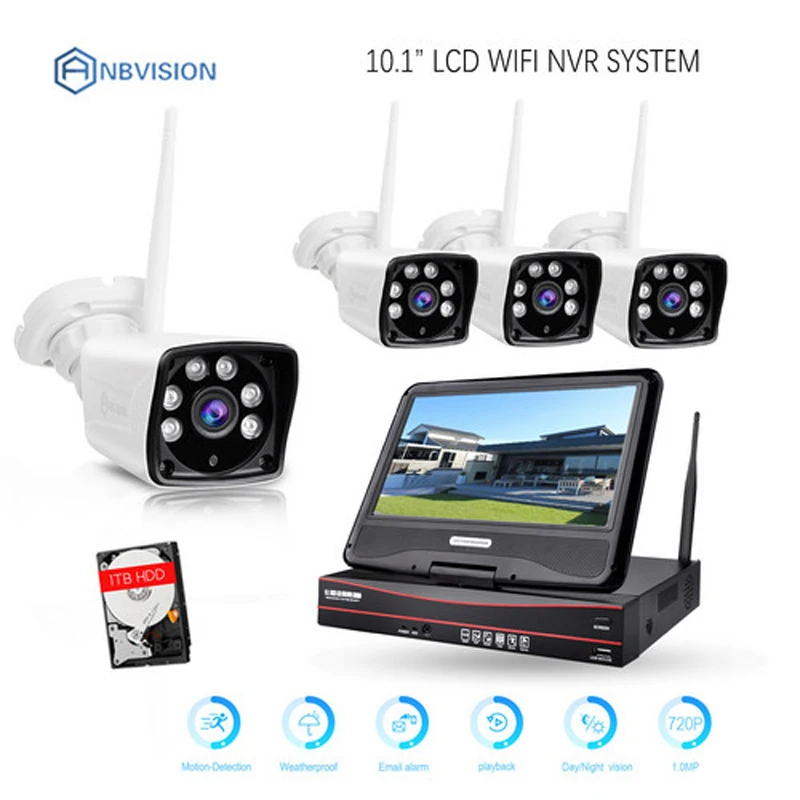 Anbvision 4CH HD Беспроводная система видеонаблюдения 10 1 lcd Displayer 720 P Wifi HDD NVR наружная IR CUT