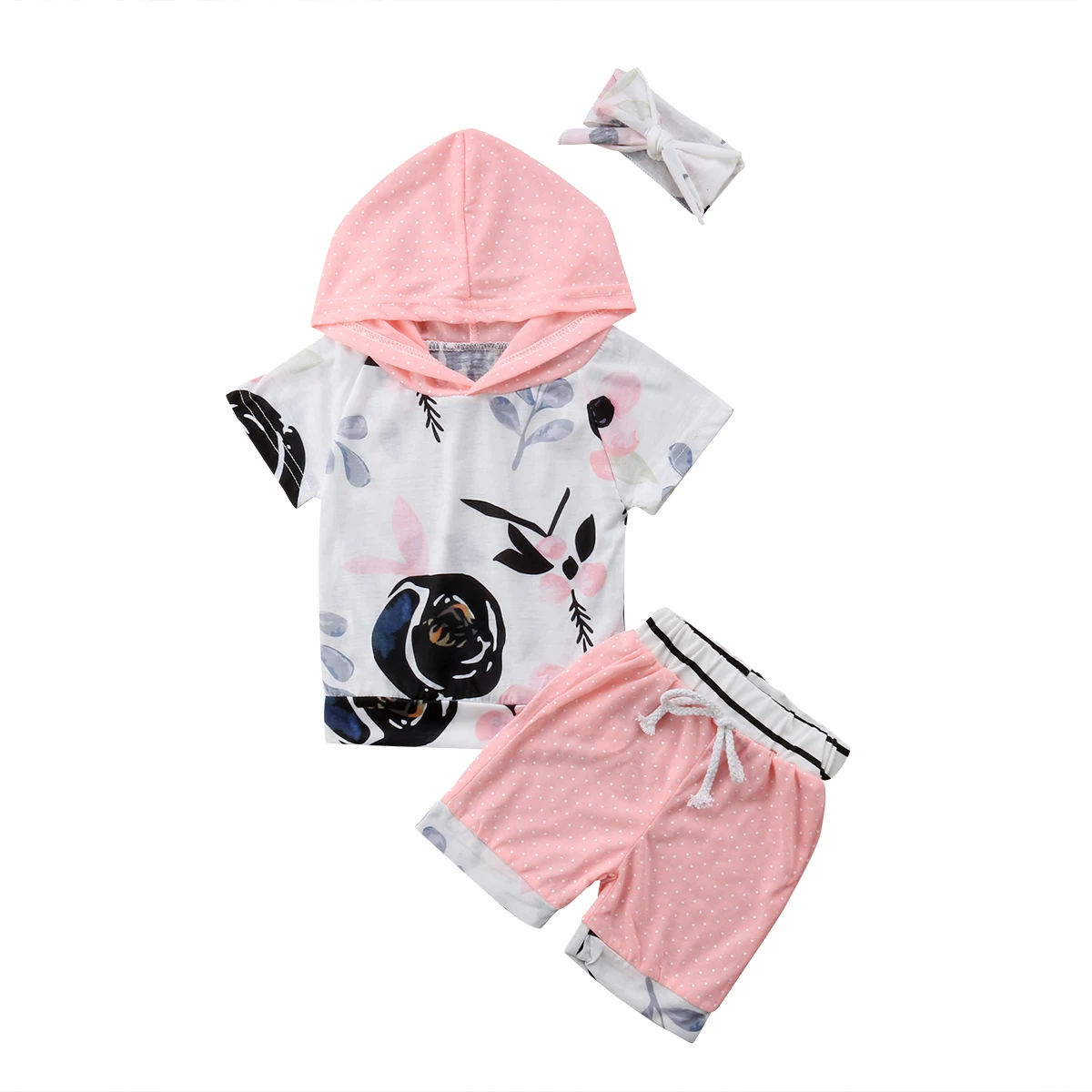 3PCS Infant Kids Baby Girls 2018 Hoodies Tops+Short Pants Headband Floral Polka Dot Outfits Sweet Summer Set | Детская одежда и