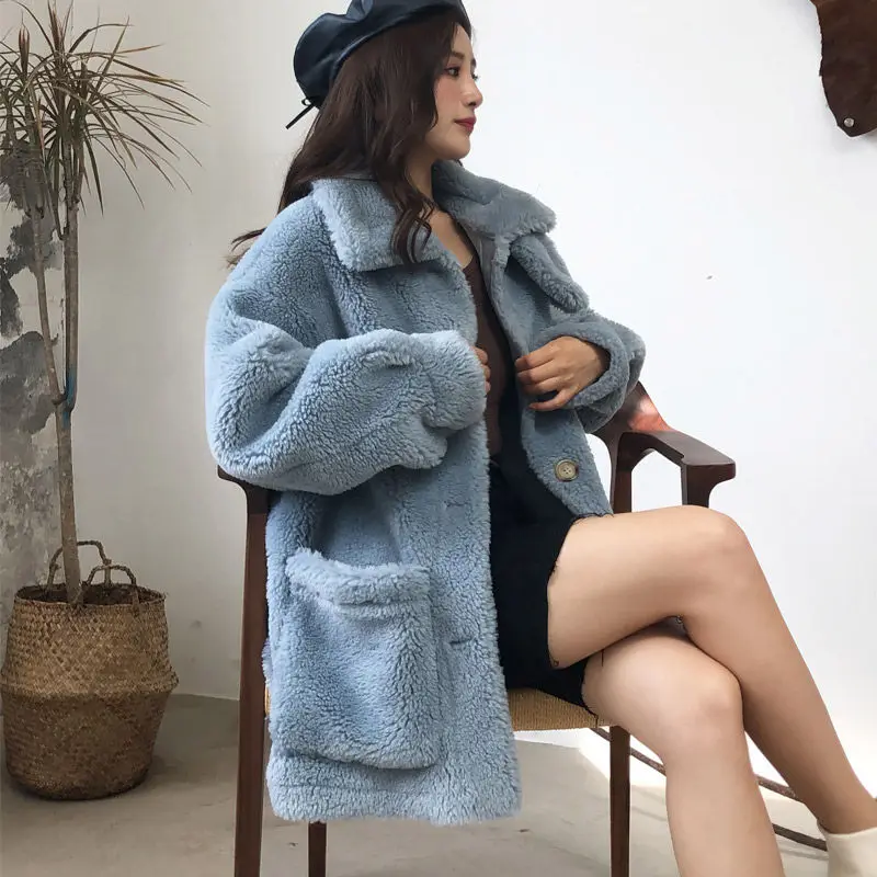 light blue Овечья шерсть зимняя куртка женские шубы из искусственного меха женские свободные утепленные парки плюшевые пальто теплая мягкая меховая куртка женская верхняя одежда C5674 - Цвет: light blue