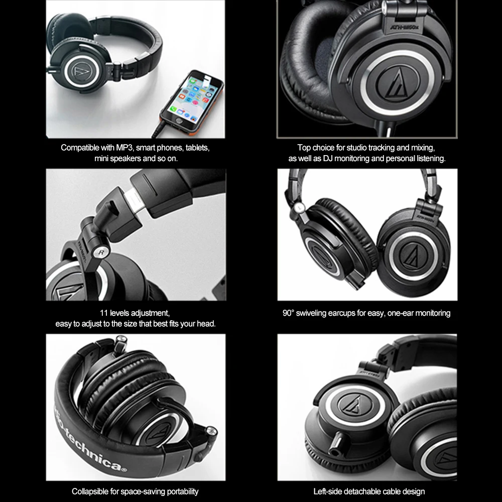 Audio-Technica ATH-M50x, профессиональные мониторные наушники, закрытые сзади, динамические Накладные Наушники Hi-Fi, складные наушники, игровая музыка