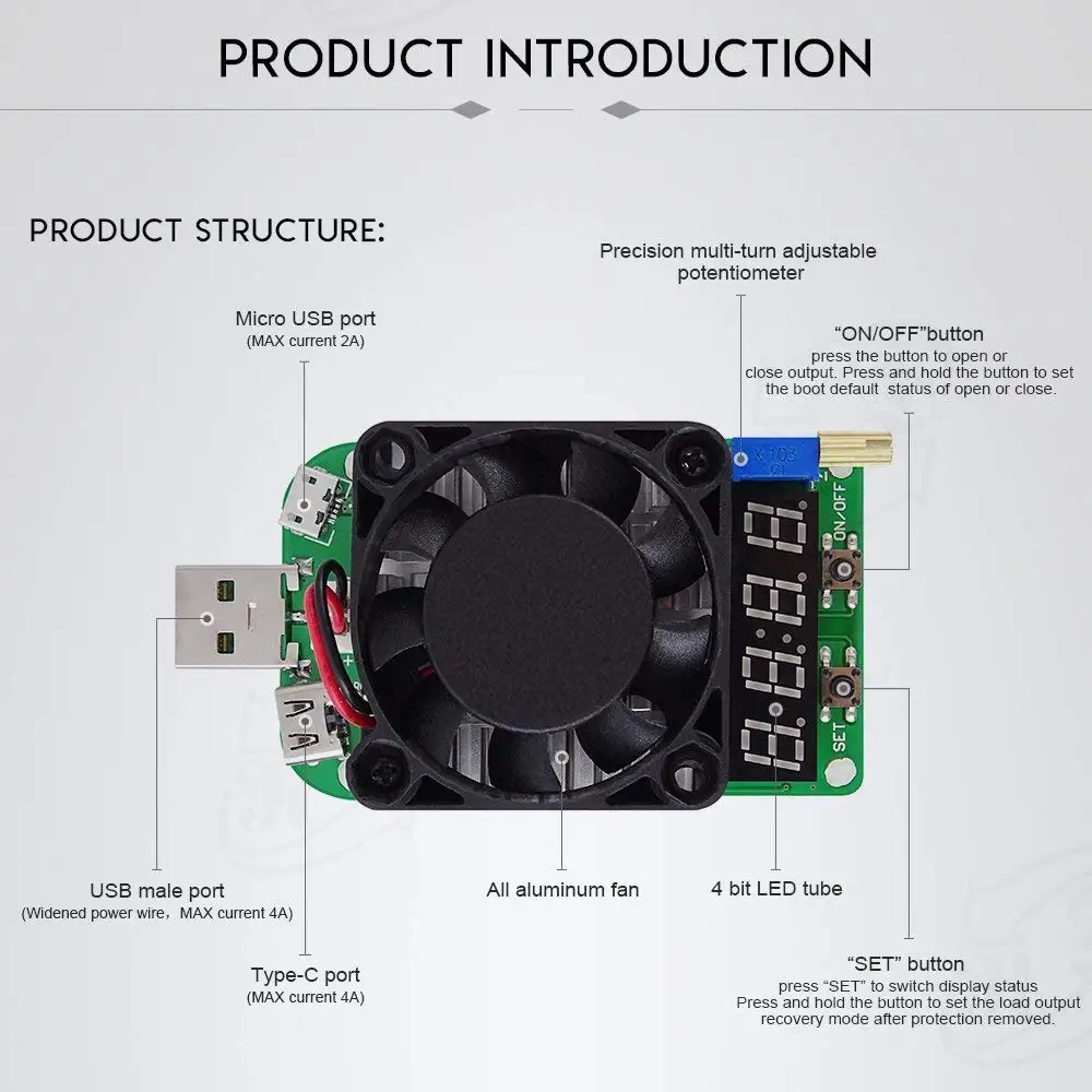 Aokin LD25 LD35 электронный нагрузочный резистор USB интерфейс разрядка батареи тест светодиодный дисплей вентилятор регулируемое напряжение тока 25 Вт 35 Вт