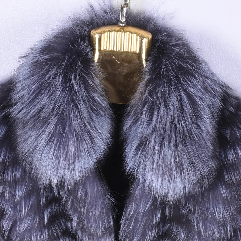 Woman's Real Natural Silver Fox Fur Jacket In Winter Casual Long Sleeved Silver Fox Hair Collar Routine Jacket  Fashion Clothes