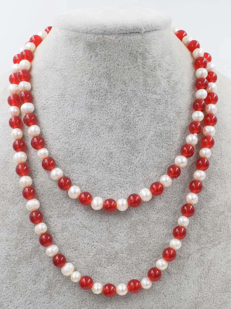 

freshwater pearl near round 7-8mm and red jade round 8mm long necklace 35" nature FPPJ wholesale beads