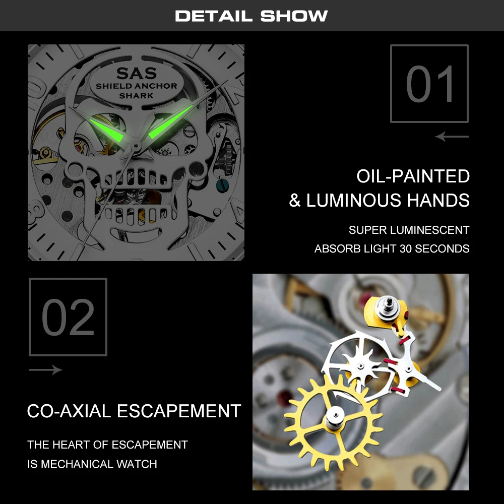 Мужские механические часы SAS светящиеся стрелы сетчатый ремешок со скелетом