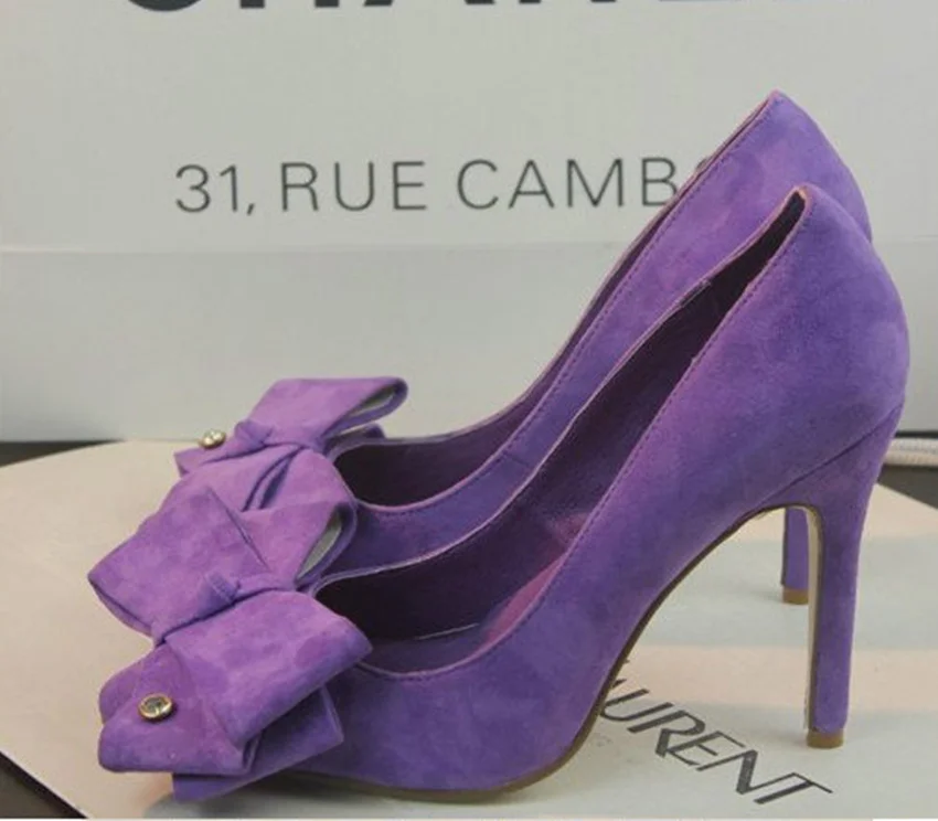 5cm heel purple Свадебные туфли четырехлистного клевера зеленый бархат с большим бантом из флока на высоком каблуке женские туфли-лодочки с острым носком - Цвет: 5cm heel purple