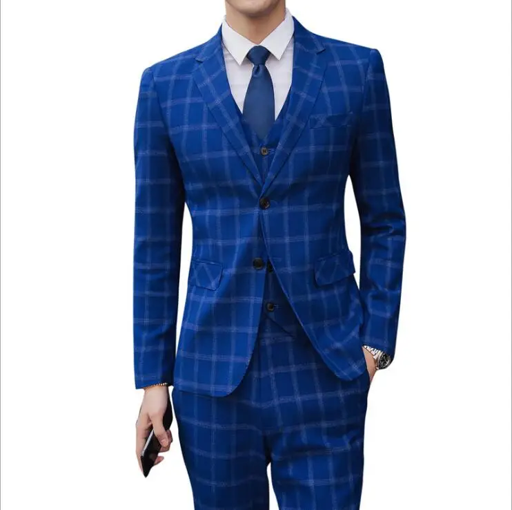 

Large Size S-5XL Suits for Men Blue Plaid Business Formal Dress Blazers Suits Set Slim Fit Wedding Party Three Piece Suits