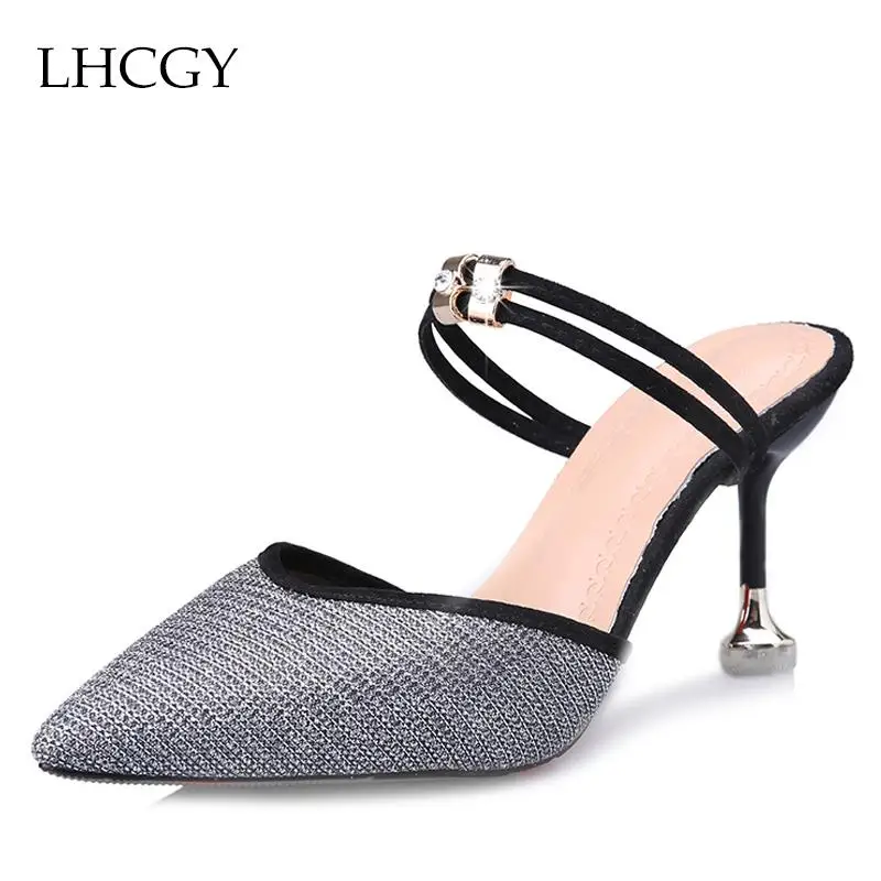 2018 г. летние женские шлепанцы на высоком каблуке босоножки тонком с острым носком