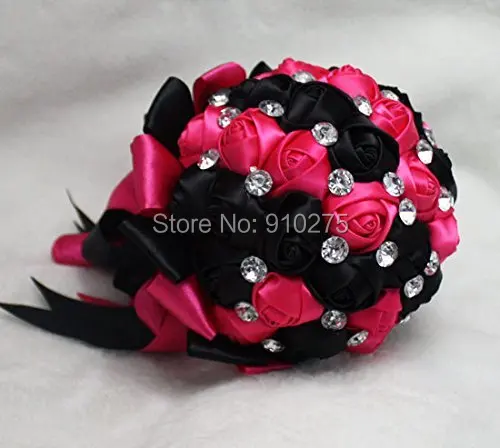 Ручная работа черные и ярко Розовые атласные розы декоративные свадебные цветы