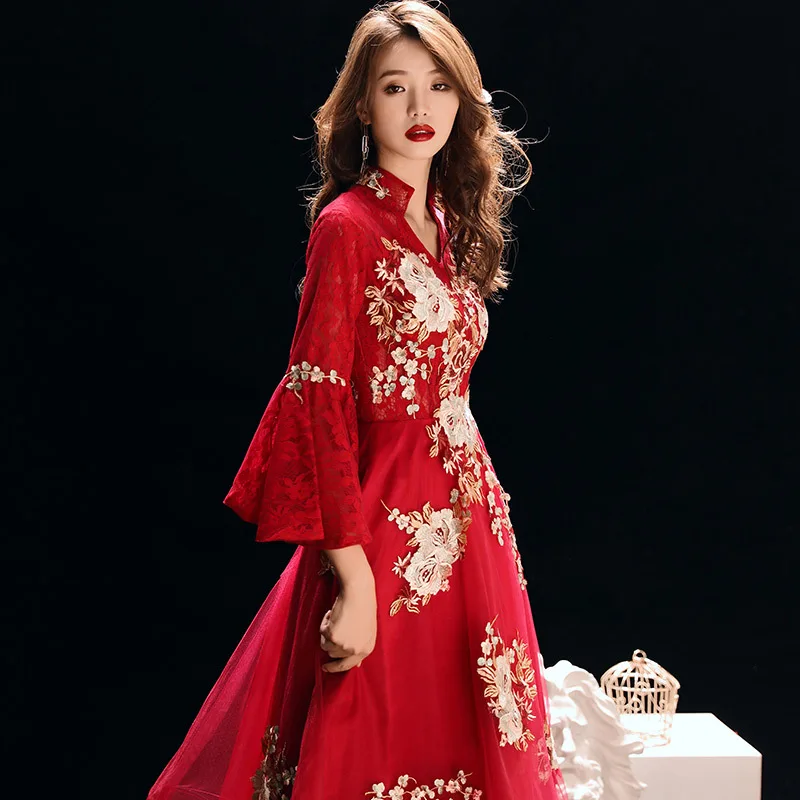 

Вышитое китайское Восточное Свадебное женское благородное винтажное вечернее платье Чонсам элегантное современное банкетное платье знам...