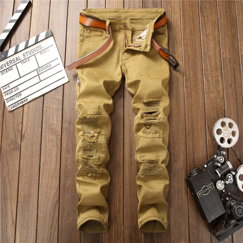 2017 New Fashion Mens Ripped Biker Jeans Pants With Holes Stretchy Distressed Motorcycle Denim Trousers Side Zipper Khaki | Мужская