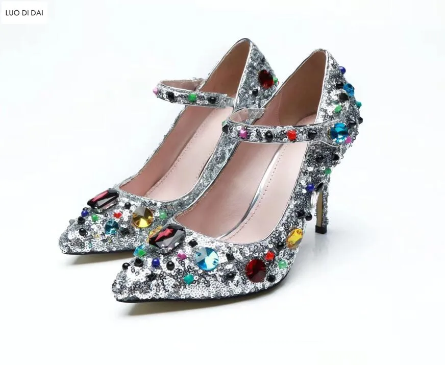 Модные женские блестящие туфли-лодочки со стразами на высоком тонком каблуке