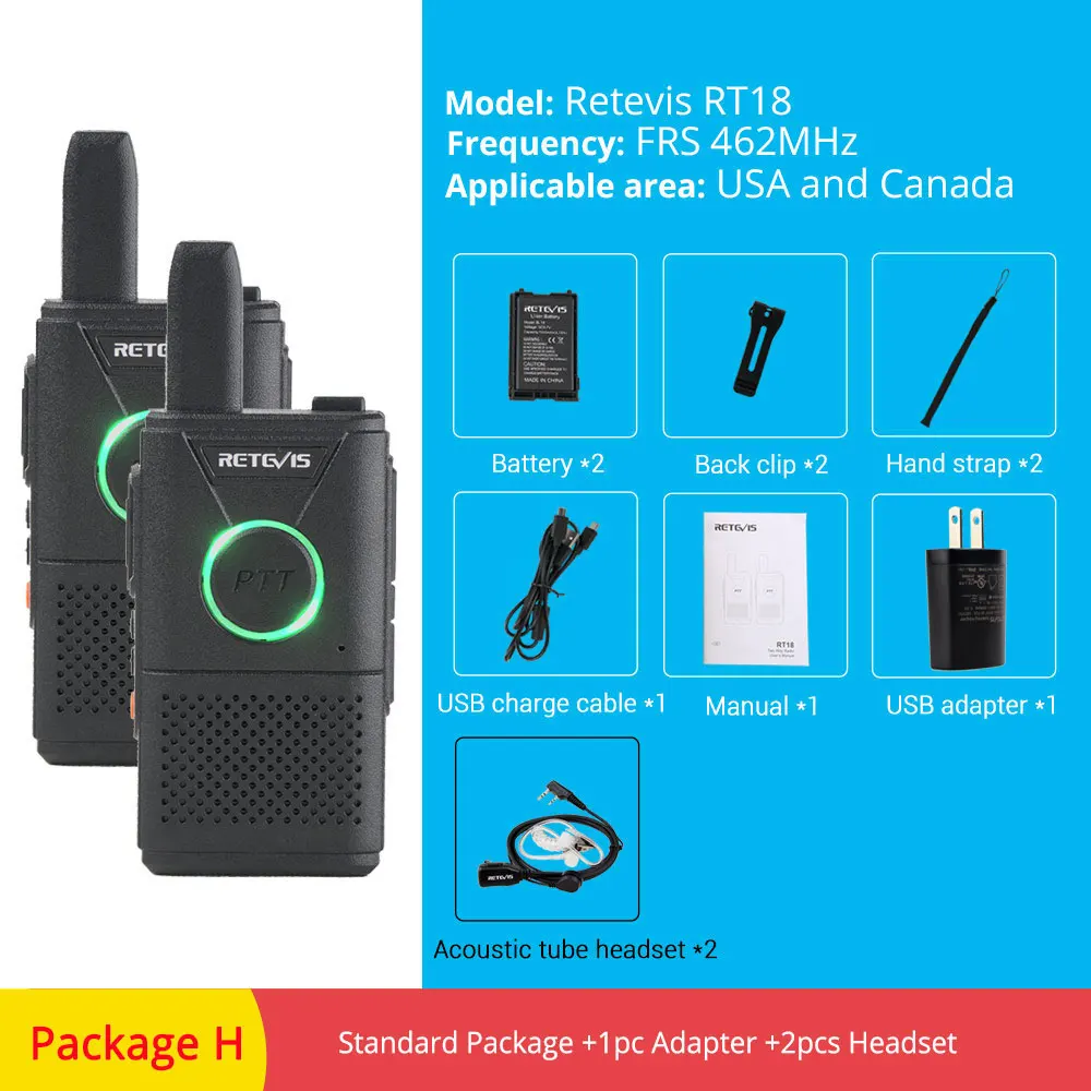 FRS RT18-Package H RETEVIS RT618/RT18 PMR радио перезаряжаемая мини рация 2 шт. PMR446 PMR 446 FRS Dual PTT VOX двухсторонняя рация - Цвет: FRS RT18-Package H