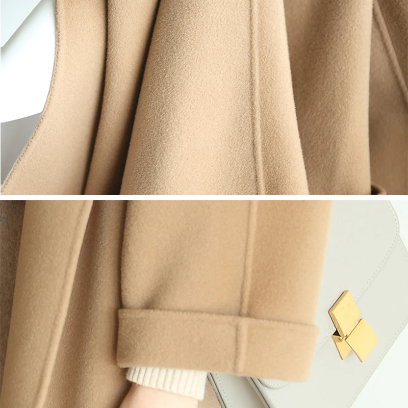 Женское шерстяное пальто с капюшоном двухстороннее длинное больших размеров