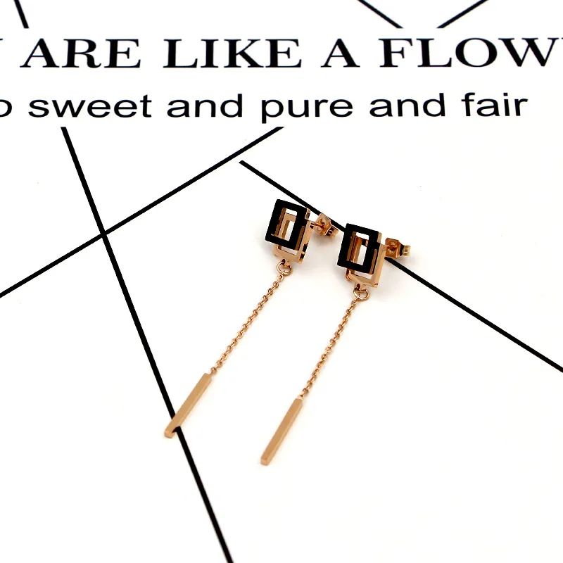 IP Rose Gold черный двойной box кисточкой невесты серьги. Boho из нержавеющей стали titanium