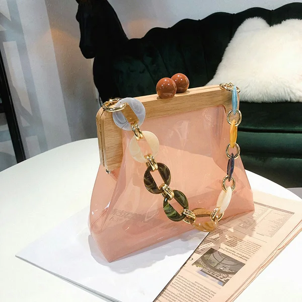 pink Wood Clip PVC Clear Jelly Handbag Woman New Designer Korean Acrylic Chain Transparent Jelly Shoulder Bag Clutch Female - Цвет: pink