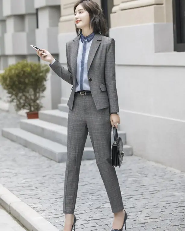 Gray coat and pants Высокое Качество, Модные клетчатые брюки, костюмы, набор для женщин, бизнес Блейзер с длинным рукавом и брюки, Офисная Женская одежда, плюс размер - Цвет: Gray coat and pants