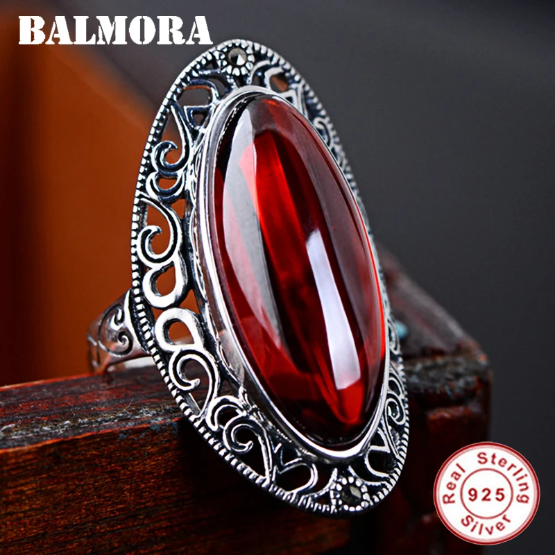 

BALMORA Real 925 Sterling Silver Vintage Chalcedony Hollow Open Stacking Ring for Women Lady Elegant Fashion Jewelry Anillos