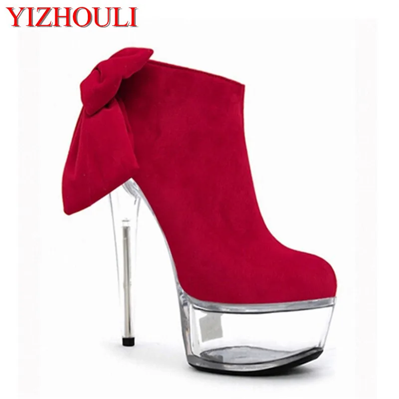 6 inch Platform side zipper fashion boot women top bows suede sexy 15cm ultra high heels short boots Crystal shoes