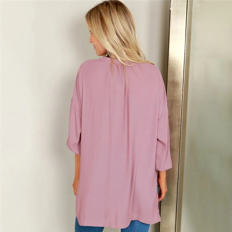 Блузка с длинными рукавами Для женщин пикантные Глубокий V шеи сплошной рубашки и