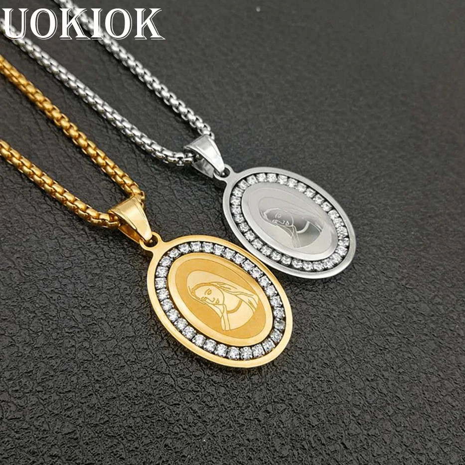 

Hip Hop Iced Out Bling Virgin Mary Pendant Necklace Gold Color Stainless Steel Chain For Women Christian Jewelry Madonna XL1303