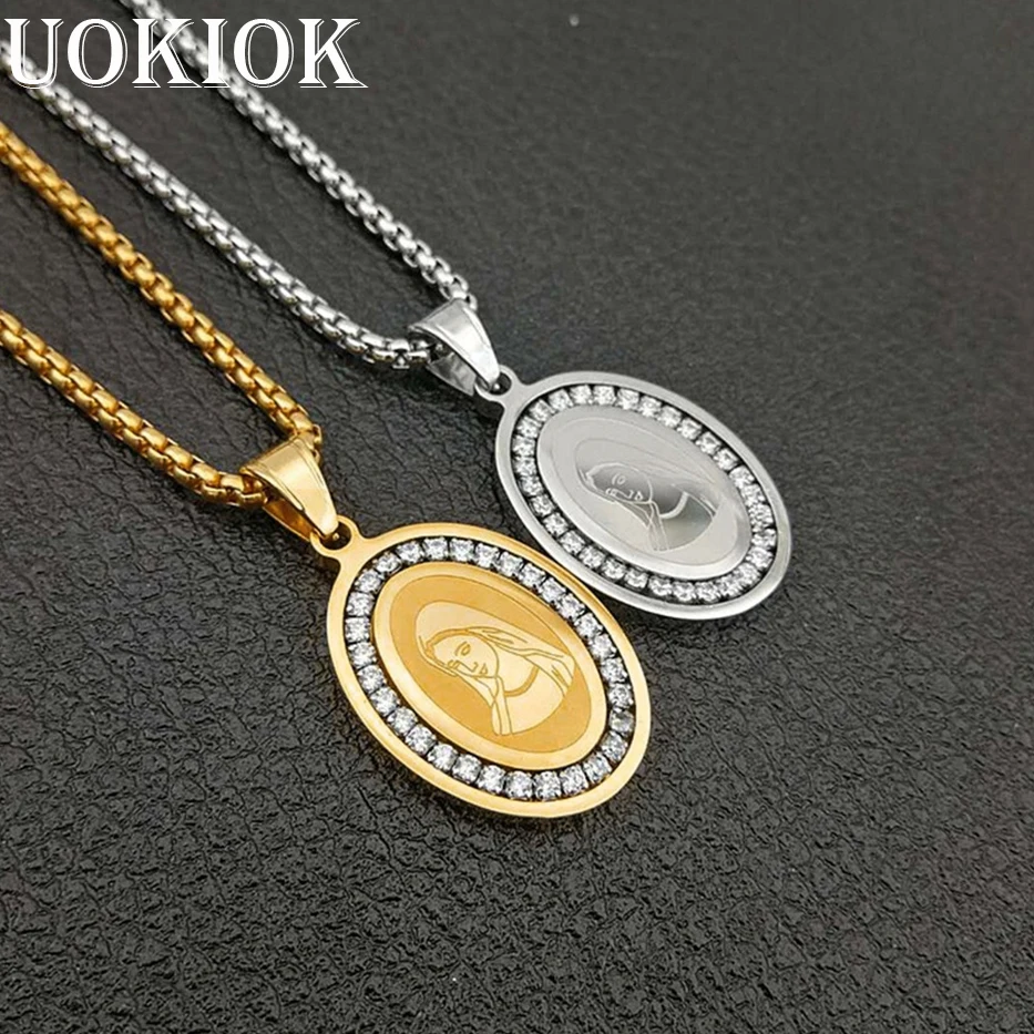 Хип хоп ледяной Bling Дева Мария кулон ожерелье золотой цвет из нержавеющей стали