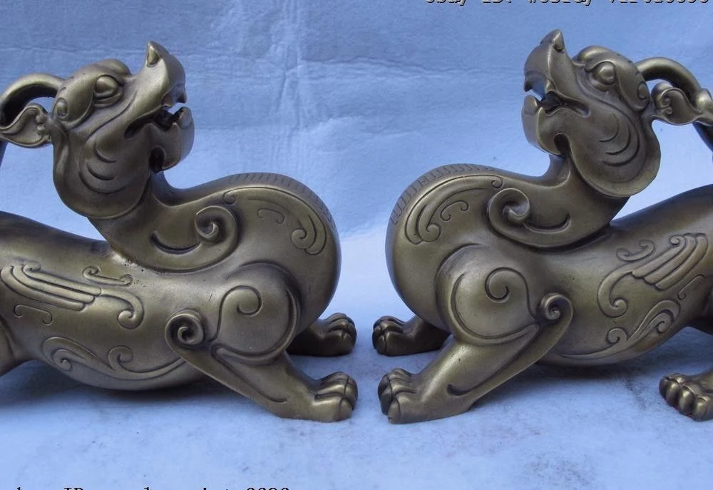 6 Chinese Folk Brass Copper Feng Shui Evil Foo Dog Lion Kylin Brave troops Pair | Дом и сад
