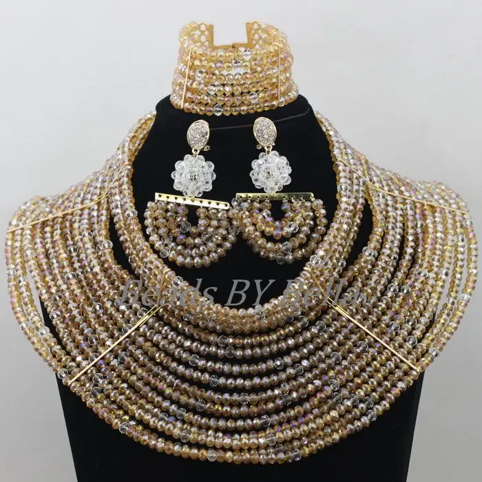 Big Full Beads Champagne Gold Crystal Necklace Nigerian Wedding Fashion Women Costume African Jewelry Set Free Shipping ABF675