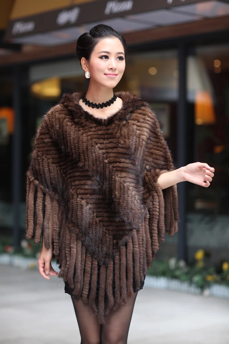 Женская теплая накидка с капюшоном Зимний вязаный пуловер из натурального меха