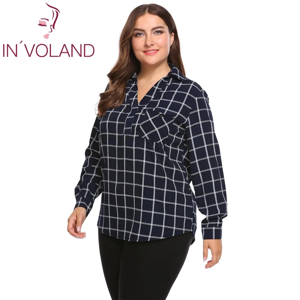 IN'VOLAND Женщины Плюс Размер Женская блузка Blusas топы Осень v-образный вырез с
