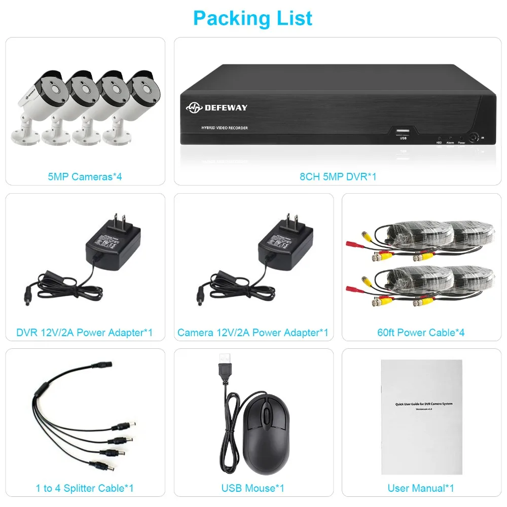 DEFEWAY 8CH HD 5.0MP(2560x1920 P) H.265+ HDMI DVR система видеонаблюдения с 4 шт наружной внутренней камеры безопасности комплект без HDD