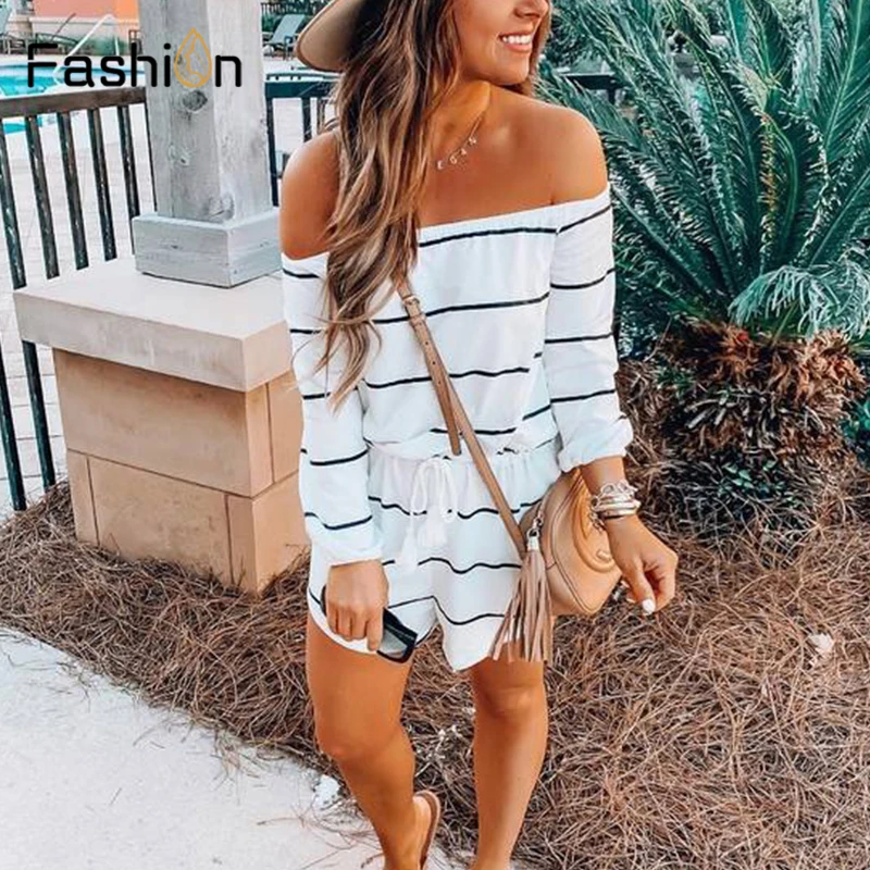 Wide Leg Belted Striped Romper Women Long Sleeve Rompers for Women Off Shoulder Playsuit Summer Jumpsuit Preppy Casual Bodysuit