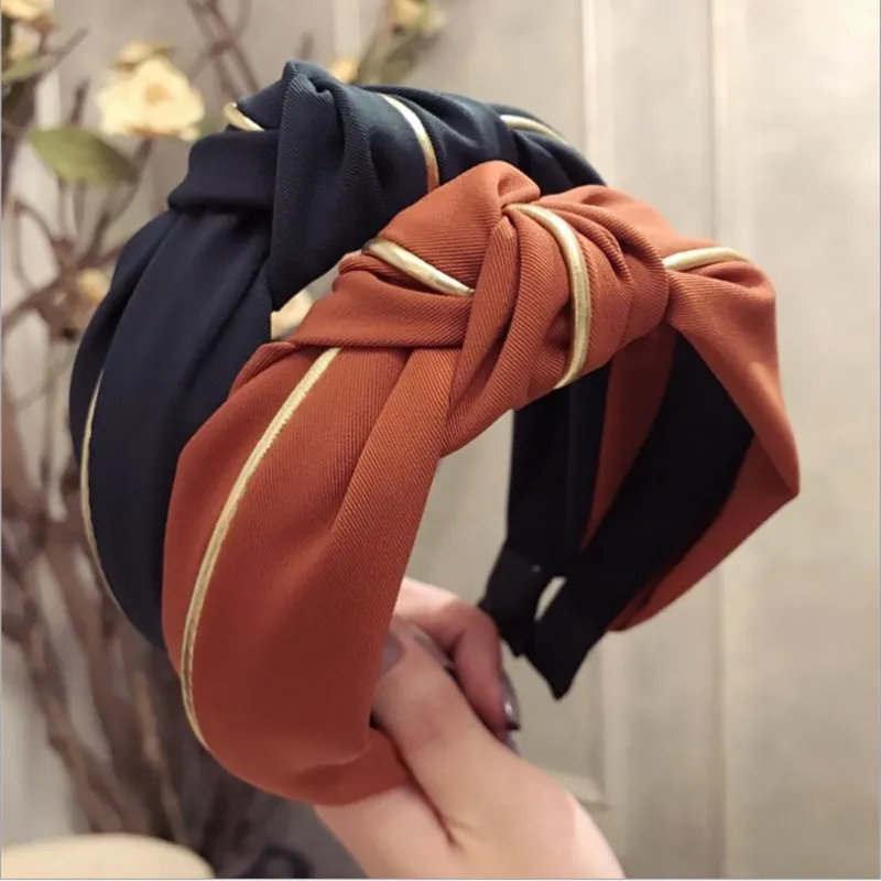 

New high-end hair accessories women's stripes hit color gold rim knot knotted wide-brimmed fashion hairband headband hair band