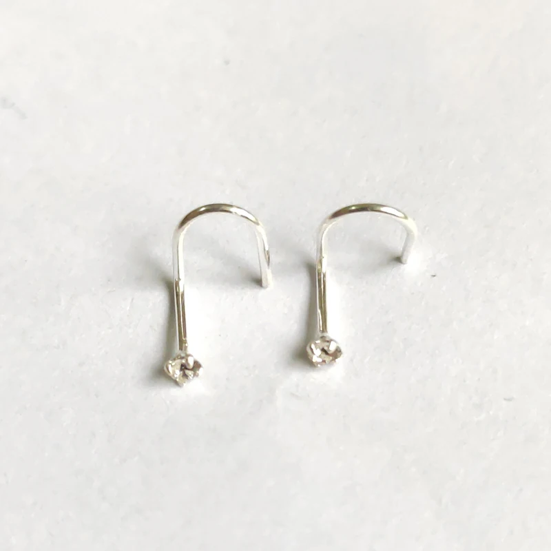 

925 sterling Silver Nose Stud Ring Piercing Nostril hook nose Screw 2mm crystal 20pcs/pack
