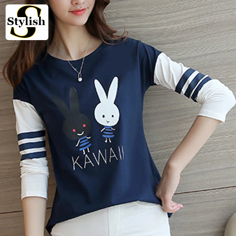 Женская футболка с длинным рукавом KAWAII Rabbit Повседневная надписью 2020 | одежда