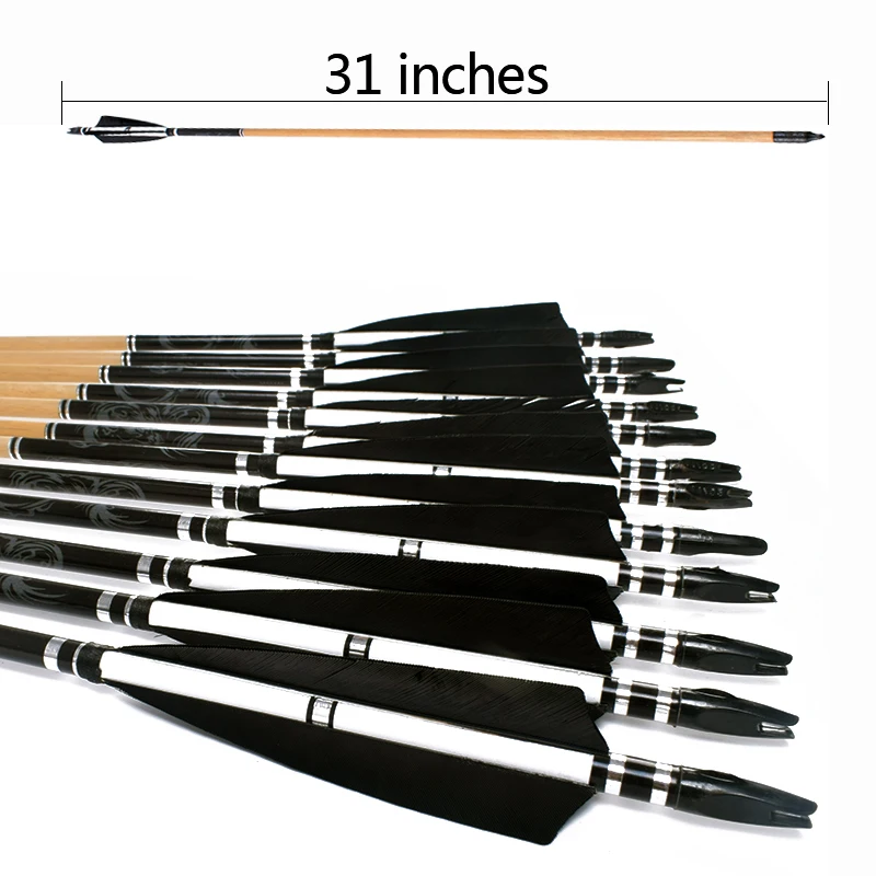 

12PC Handmade 31.5Inch Wooden arrows Diameter 8.5mm Black Turkish Feathers Wood arrow For 25-50 lb Recurve Bow for shooting