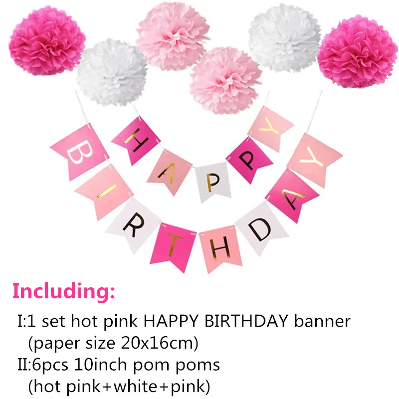 Hop Pink poms banner KAMMIZAD/Вечерние черные тканевые бумажные кисточки с помпонами на день рождения; розовые, blu баннеры на День рождения; принадлежности для детского дня рождения - Цвет: Hop Pink poms banner