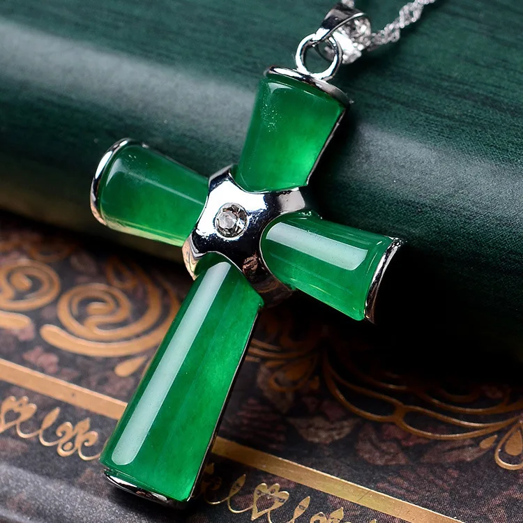 Серебряное ожерелье в комплекте 925 пробы с крестообразным кулоном chrysoprase женская