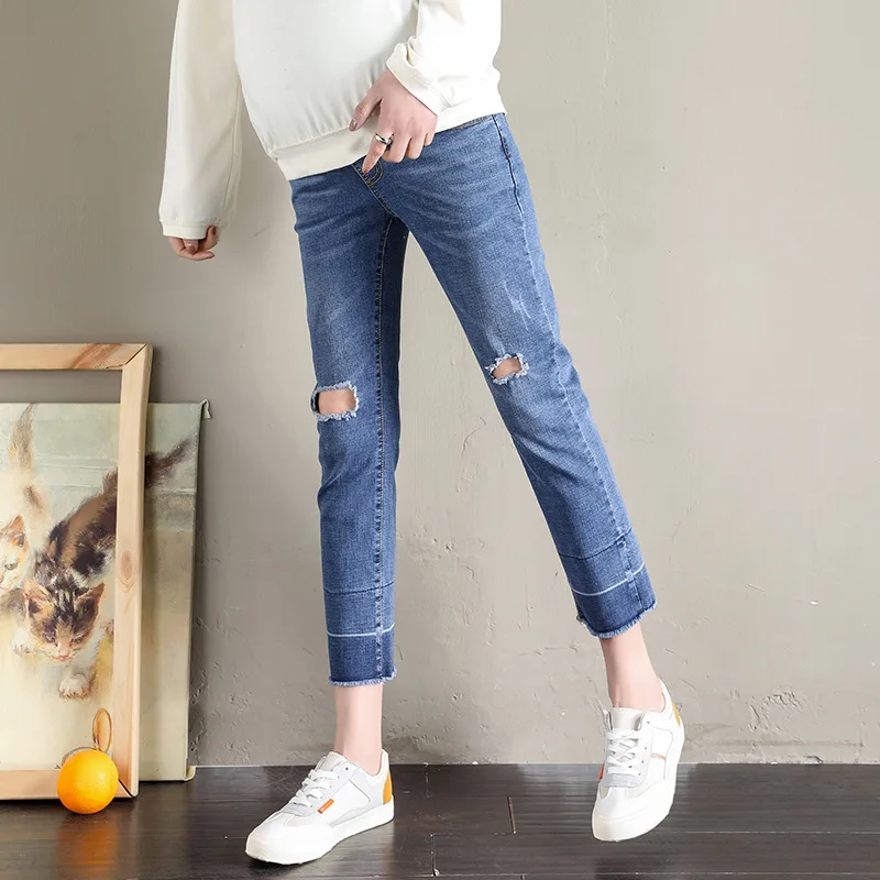 2019 весенние джинсы с дырками для беременных Брюки прямые кормящих матерей Одежда