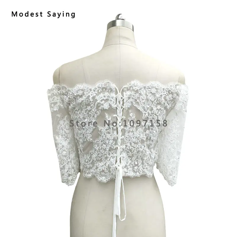 Настоящее элегантное кружевное свадебное болеро с открытыми плечами и коротким