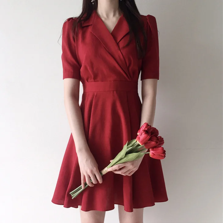 Платье мини женское Плиссированное с V образным вырезом и высокой талией|Женские