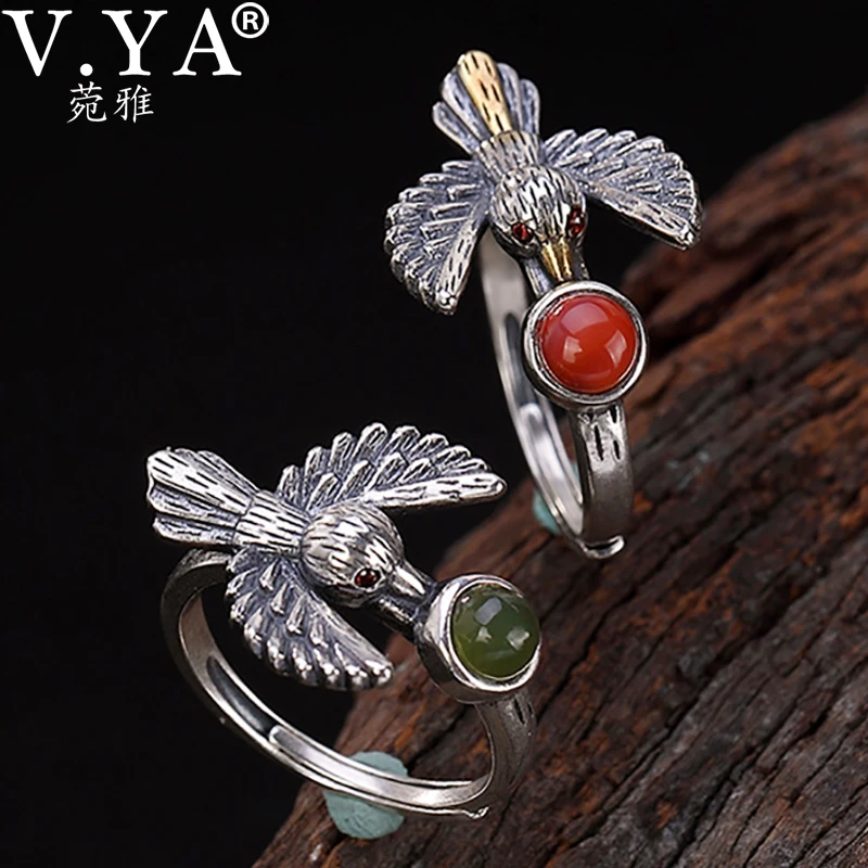 V. YA Ретро S925 Серебряное кольцо открытый размер Vivied Bird дизайн натуральный камень женские ювелирные изделия из чистого серебра кольца хороший подарок для друга