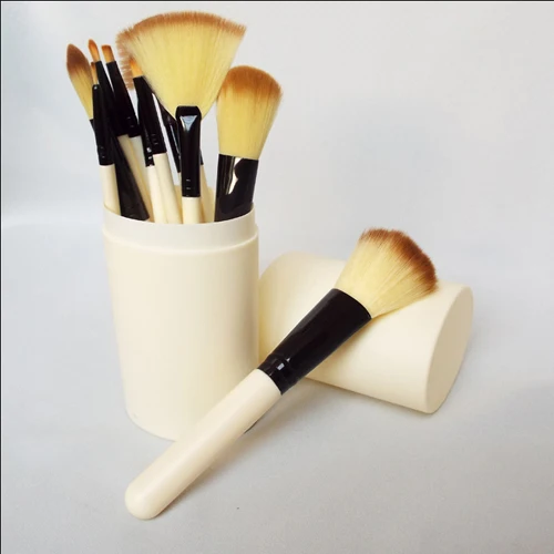 beige white Phantom 12 шт Портативные кисти для макияжа Набор Профессиональный Pinceis de Maquiagem основа для бровей Кисть для нанесения румян с цилиндром розовый - Handle Color: beige white