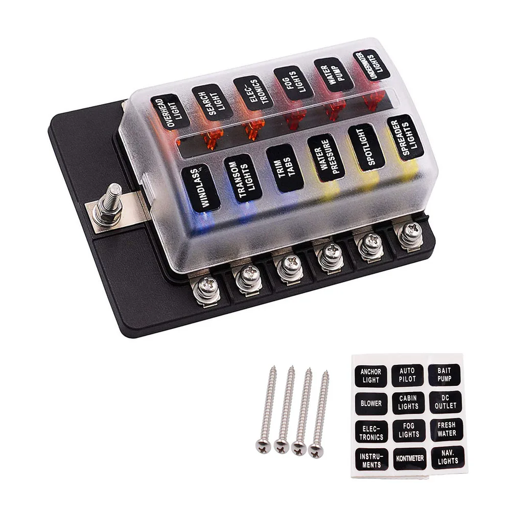 12V /32V Plastic Cover Fuse Box Holder M5 Stud With LED Indicator Light 12 Ways Blade for Auto Car Boat Marine Truck | Автомобили и