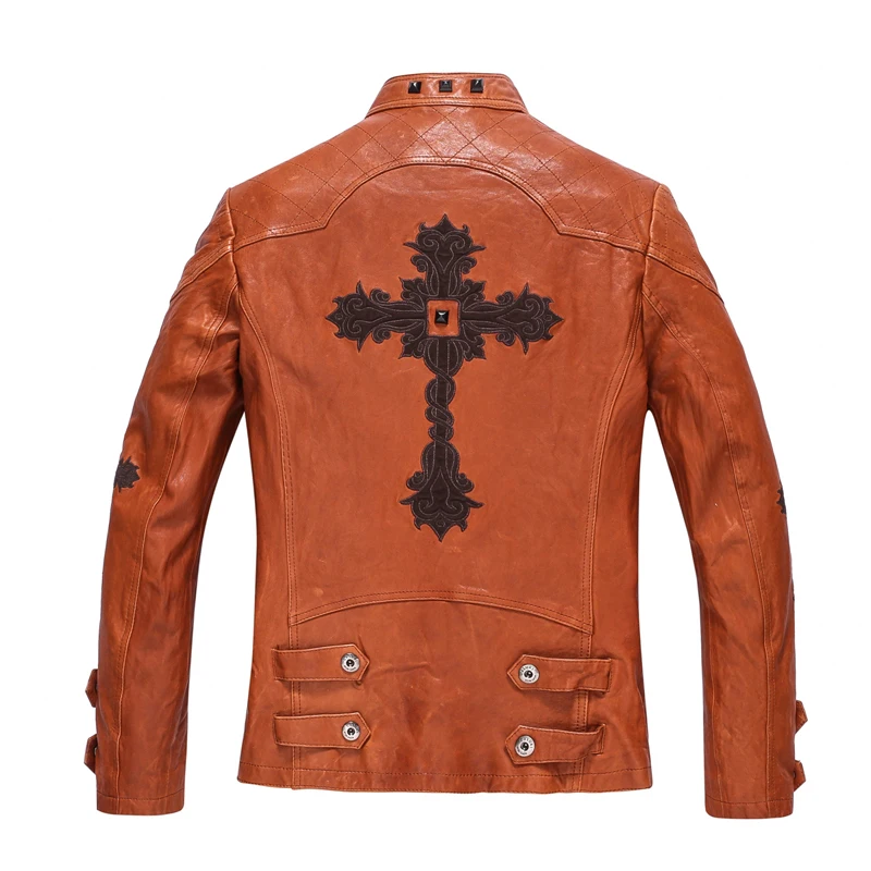 Кожаная мужская байкерская куртка с вышивкой облегающая повседневная из