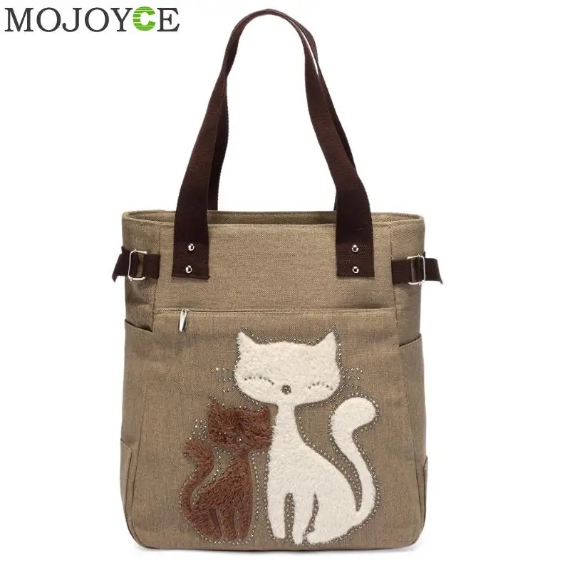 khaki Модная женская парусиновая сумка с милой аппликацией кота, дорожные сумки на плечо, повседневные женские сумки, женские сумки на плечо - Цвет: khaki