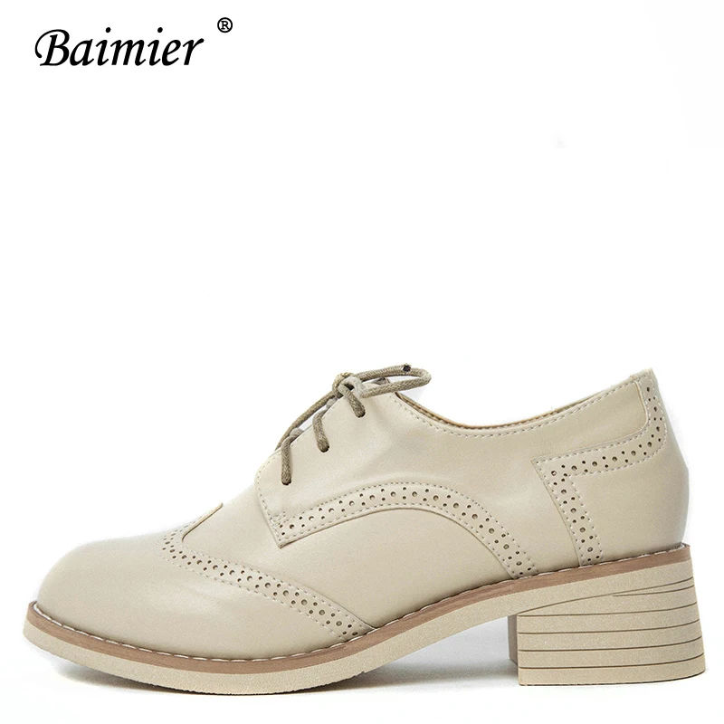 Baimier/Винтажные женские туфли-оксфорды с круглым носком; женские повседневные Мягкие броги на плоской подошве; женская кожаная обувь в британском стиле - Цвет: Apricot Oxfords