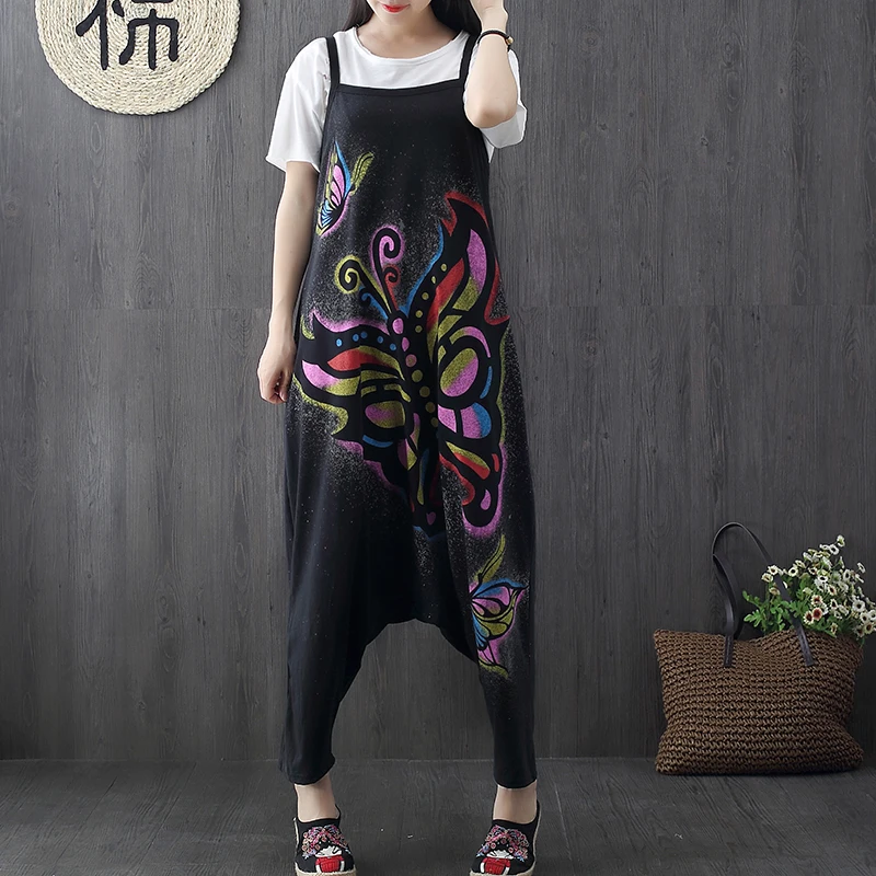 Free Shipping 2021 New Fashion Ladies Overalls Cotton Loose Jumpsuits And Rompers Buerfly Print Plus Size Ankle Length Pants