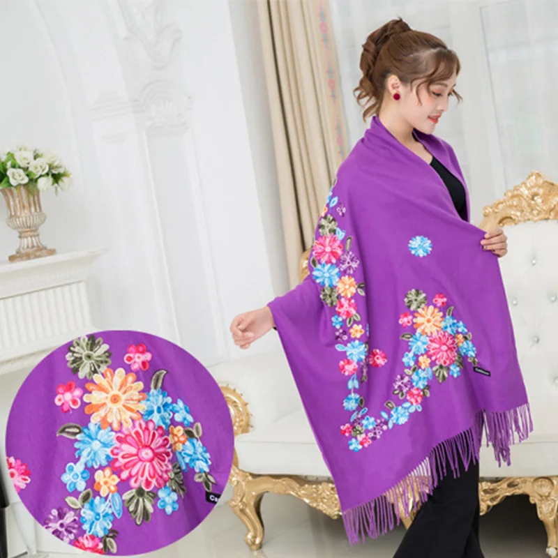 Роскошные кашемировые женские шарфы с национальной вышивкой Женская шерстяная