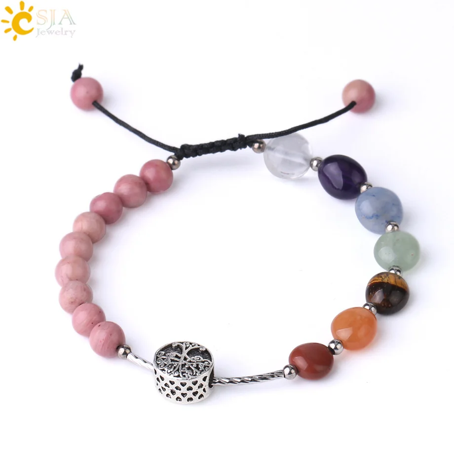 Line Rhodonite Csja чакра нерегулярный натуральный камень плетеный браслет Дерево жизни веревка регулируемые надписи талисманы браслет ювелирные изделия для женщин F987 - Окраска металла: Line Rhodonite