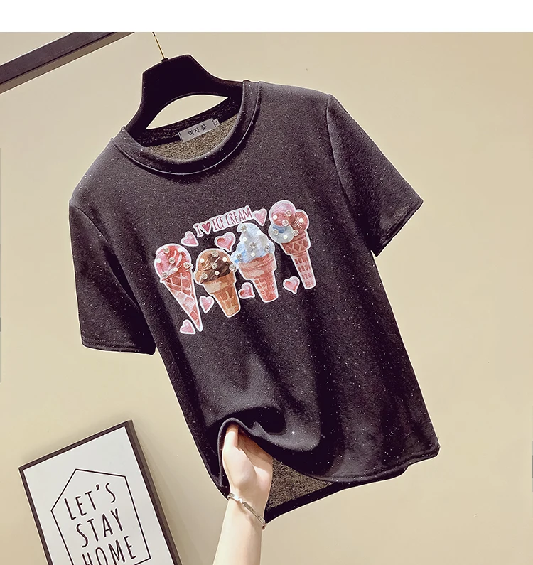 Модная футболка с бриллиантами, женская футболка, хлопковый топ, camisetas verano mujer,, летние топы, футболка, женская одежда, футболка, femme